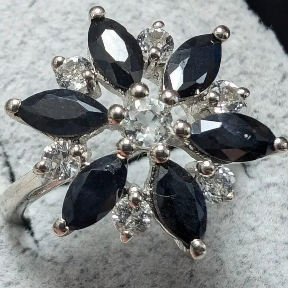 Sterling Silver Sapphire Marquis Cluster Ring. Size 6.75